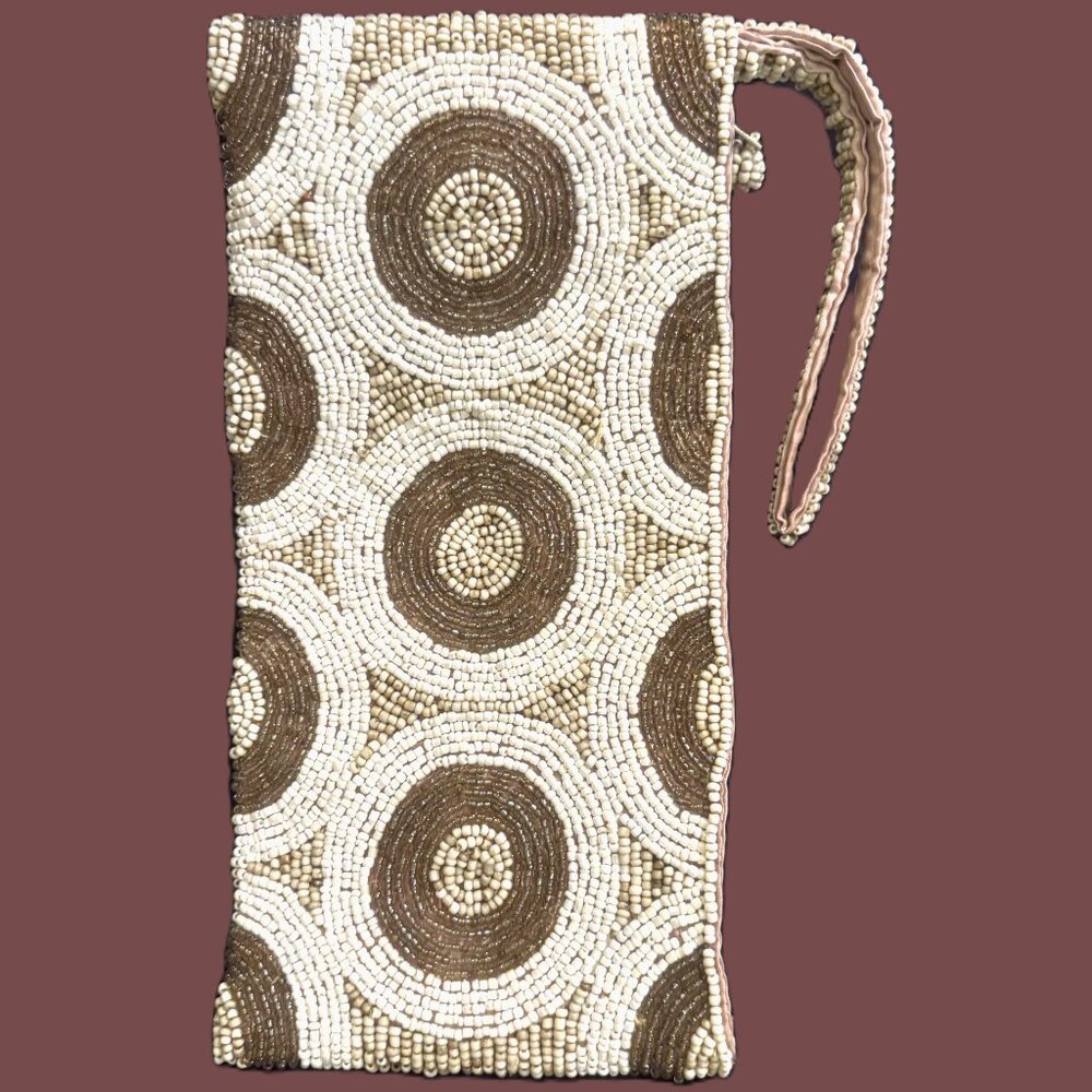 Unique Hand-beaded Clutch Wristlet Neutral Tones forming a Circular Pattern NWOT